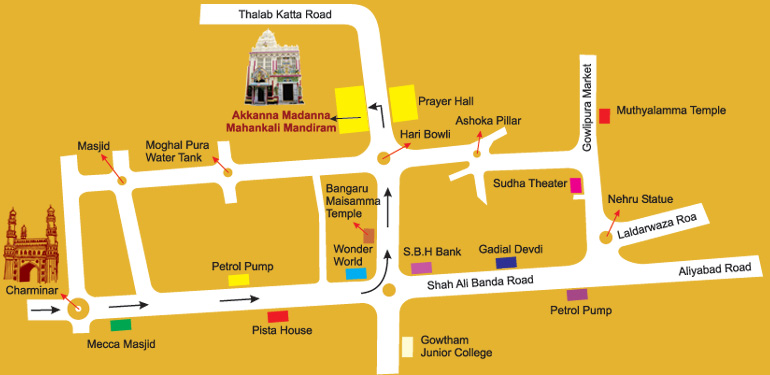 Directions or Route to Akkanna Madanna Mahankali Mandira, Hyderabad